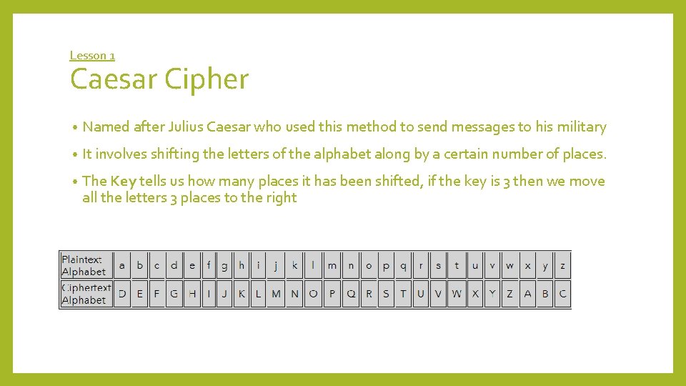 Lesson 1 Caesar Cipher • Named after Julius Caesar who used this method to