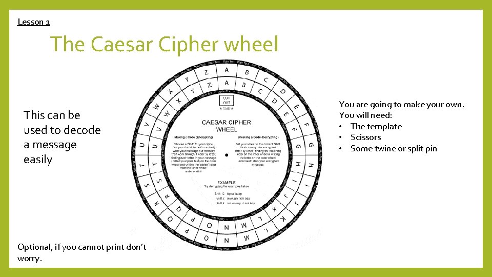 Lesson 1 The Caesar Cipher wheel This can be used to decode a message