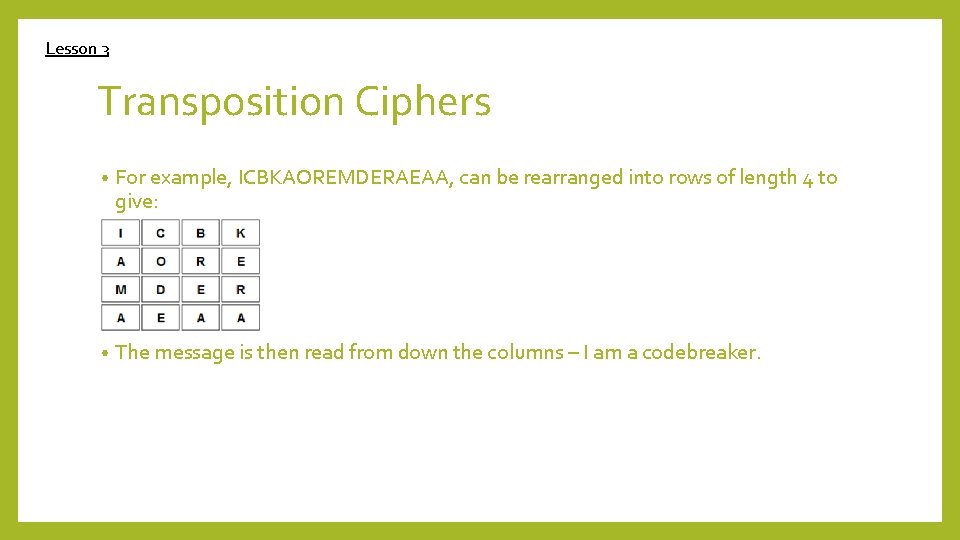 Lesson 3 Transposition Ciphers • For example, ICBKAOREMDERAEAA, can be rearranged into rows of