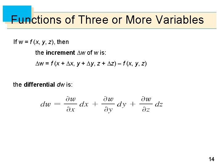 Functions of Three or More Variables If w = f (x, y, z), then