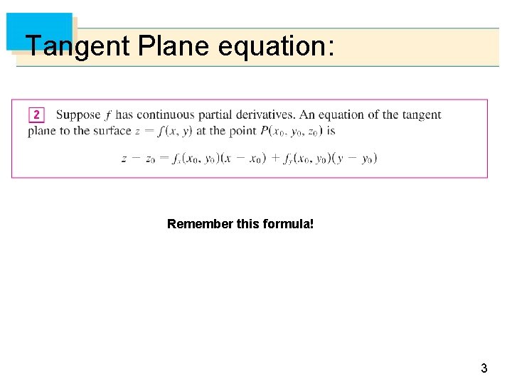 Tangent Plane equation: Remember this formula! 3 