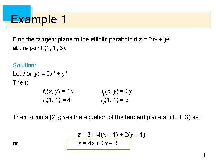 Example 1 Find the tangent plane to the elliptic paraboloid z = 2 x