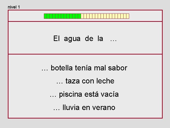 nivel 1 El agua de la … … botella tenía mal sabor … taza