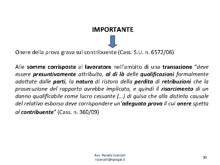 IMPORTANTE Onere della prova grava sul contribuente (Cass. S. U. n. 6572/06) Alle somme