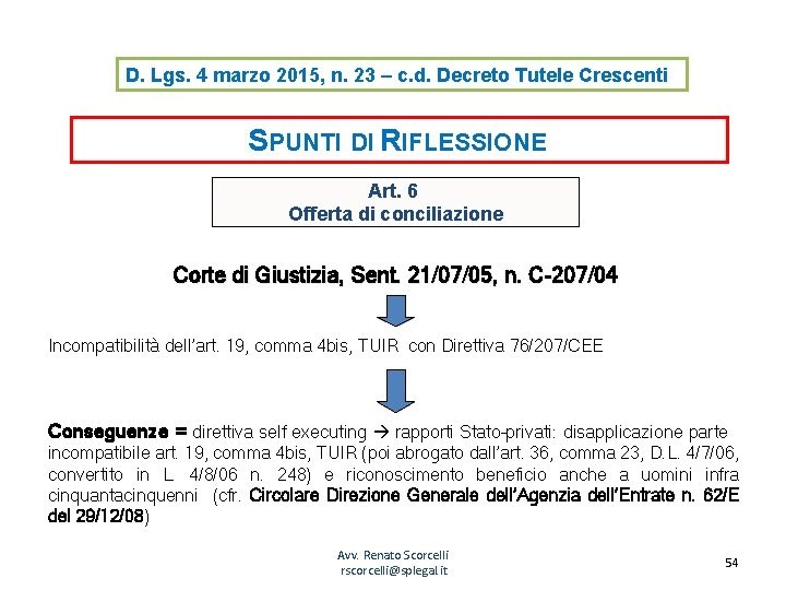 D. Lgs. 4 marzo 2015, n. 23 – c. d. Decreto Tutele Crescenti SPUNTI