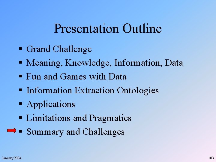 Presentation Outline § § § § January 2004 Grand Challenge Meaning, Knowledge, Information, Data