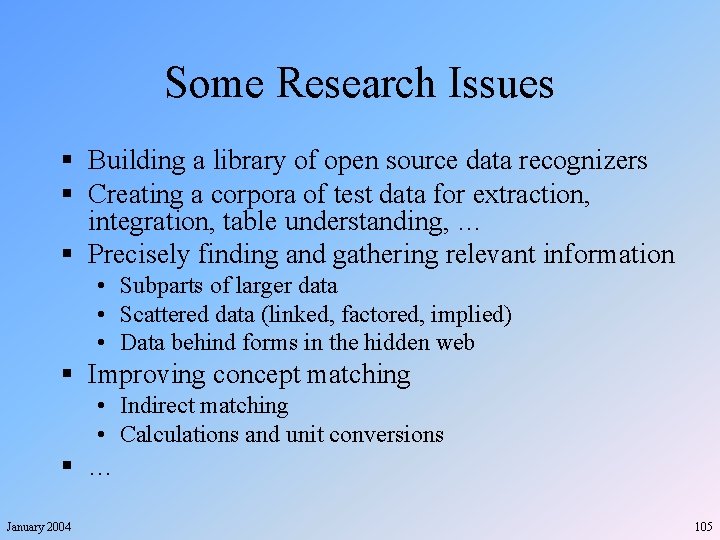 Some Research Issues § Building a library of open source data recognizers § Creating