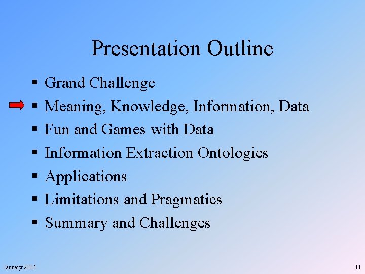 Presentation Outline § § § § January 2004 Grand Challenge Meaning, Knowledge, Information, Data