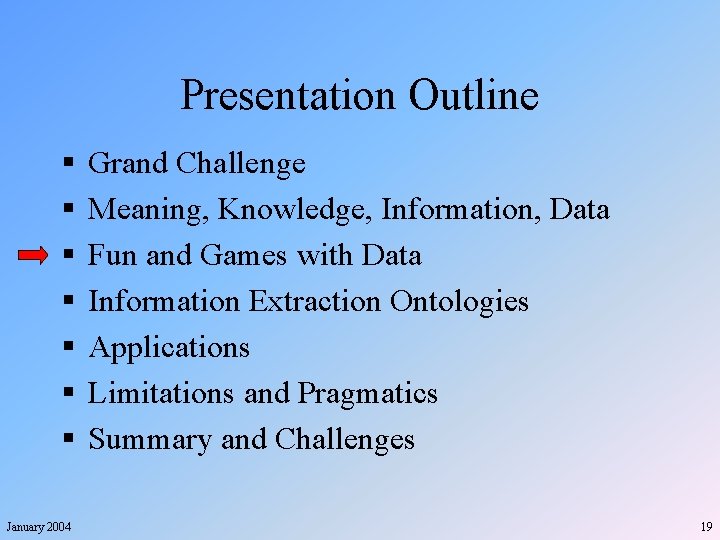 Presentation Outline § § § § January 2004 Grand Challenge Meaning, Knowledge, Information, Data