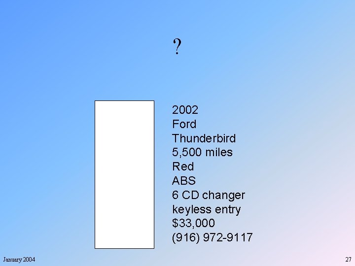 ? Year Make Model Mileage Features Price Phone January 2004 2002 Ford Thunderbird 5,