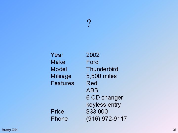 ? Year Make Model Mileage Features Price Phone January 2004 2002 Ford Thunderbird 5,