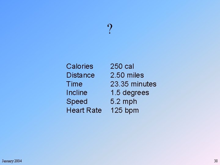 ? Calories Distance Time Incline Speed Heart Rate January 2004 250 cal 2. 50