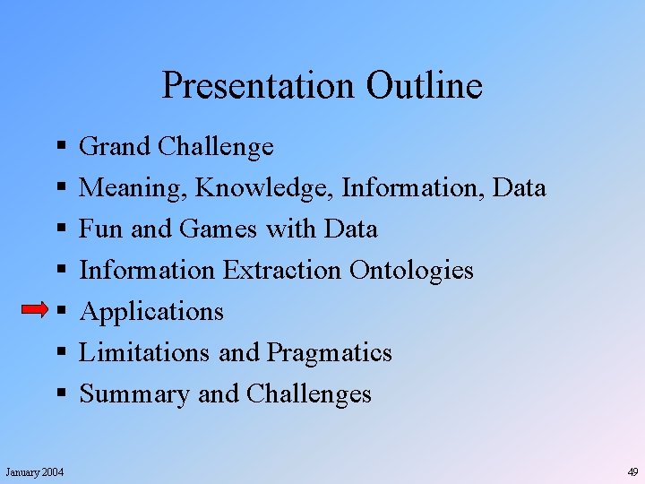 Presentation Outline § § § § January 2004 Grand Challenge Meaning, Knowledge, Information, Data