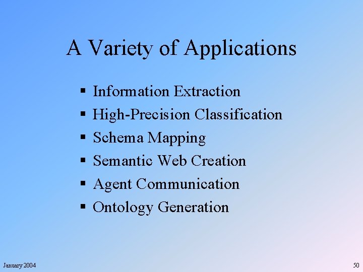 A Variety of Applications § § § January 2004 Information Extraction High-Precision Classification Schema