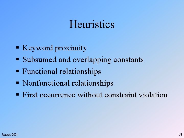 Heuristics § § § January 2004 Keyword proximity Subsumed and overlapping constants Functional relationships