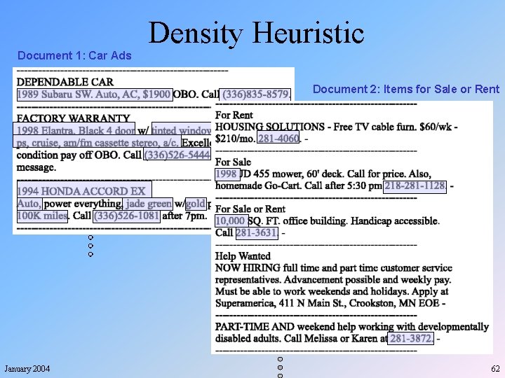 Density Heuristic Document 1: Car Ads Document 2: Items for Sale or Rent January