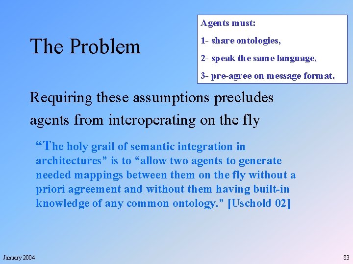 Agents must: The Problem 1 - share ontologies, 2 - speak the same language,