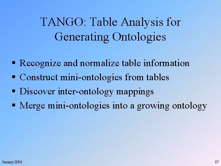 TANGO: Table Analysis for Generating Ontologies § § Recognize and normalize table information Construct