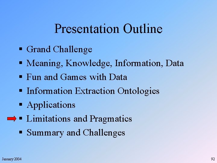 Presentation Outline § § § § January 2004 Grand Challenge Meaning, Knowledge, Information, Data