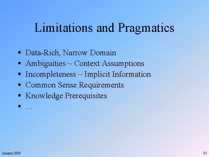 Limitations and Pragmatics § § § January 2004 Data-Rich, Narrow Domain Ambiguities ~ Context