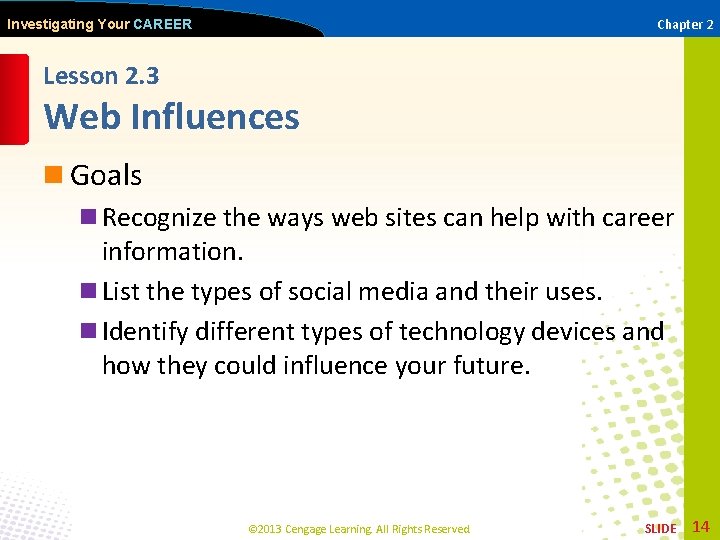 Chapter 2 Investigating Your CAREER Lesson 2. 3 Web Influences n Goals n Recognize