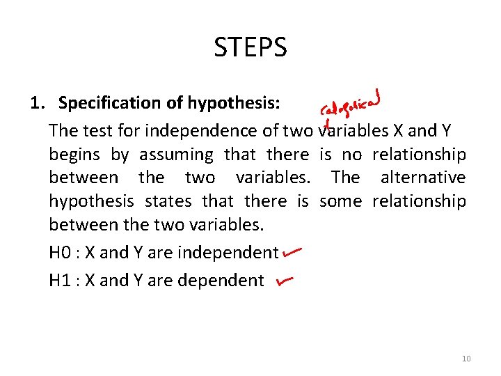 STEPS 1. Specification of hypothesis: The test for independence of two variables X and