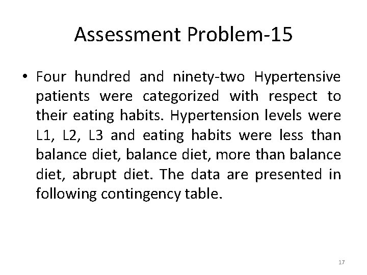 Assessment Problem-15 • Four hundred and ninety-two Hypertensive patients were categorized with respect to