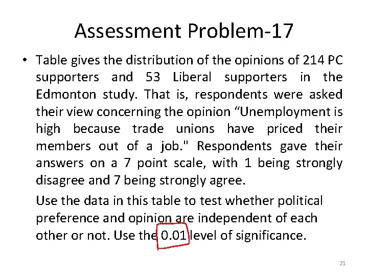 Assessment Problem-17 • Table gives the distribution of the opinions of 214 PC supporters