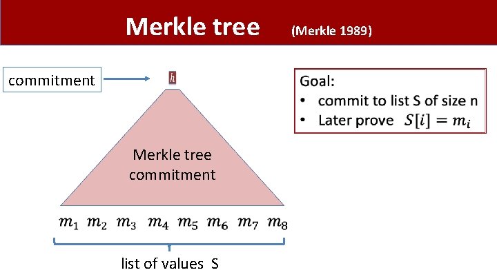 Merkle tree commitment list of values S (Merkle 1989) 