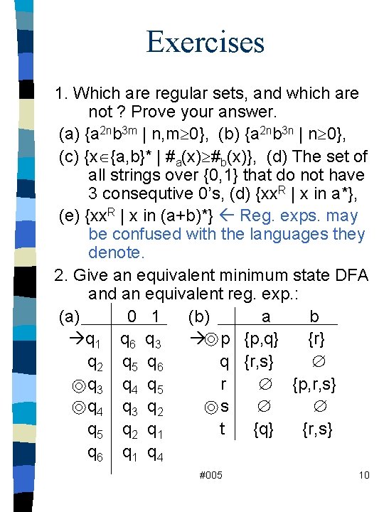 Exercises 1. Which are regular sets, and which are not ? Prove your answer.