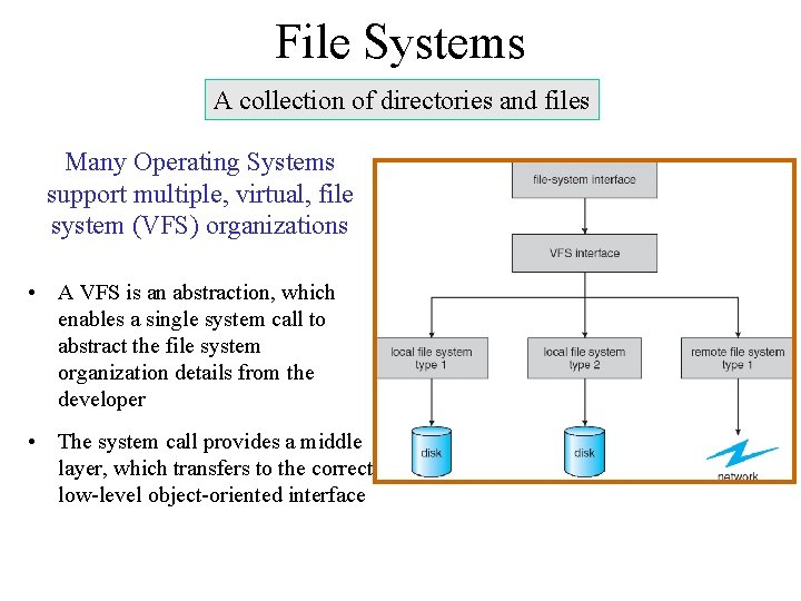 File Systems A collection of directories and files Many Operating Systems support multiple, virtual,