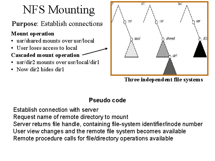 NFS Mounting Purpose: Establish connections Mount operation • usr/shared mounts over usr/local • User