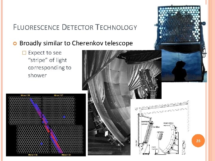 FLUORESCENCE DETECTOR TECHNOLOGY Broadly similar to Cherenkov telescope � Expect to see “stripe” of FLUORESCENCE DETECTOR TECHNOLOGY Broadly similar to Cherenkov telescope � Expect to see “stripe” of
