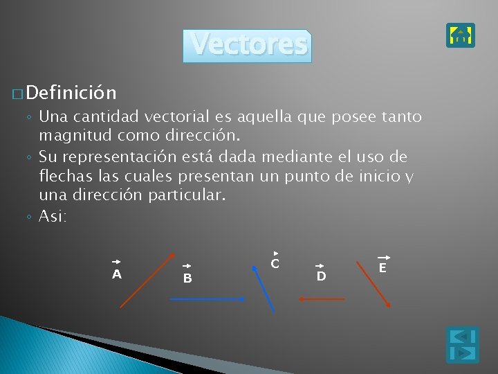 Vectores � Definición ◦ Una cantidad vectorial es aquella que posee tanto magnitud como