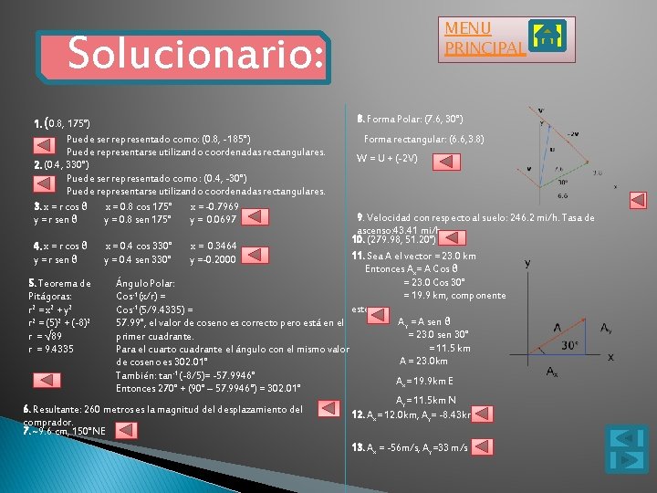 MENU PRINCIPAL Solucionario: 1. (0. 8, 175°) Puede ser representado como: (0. 8, -185°)