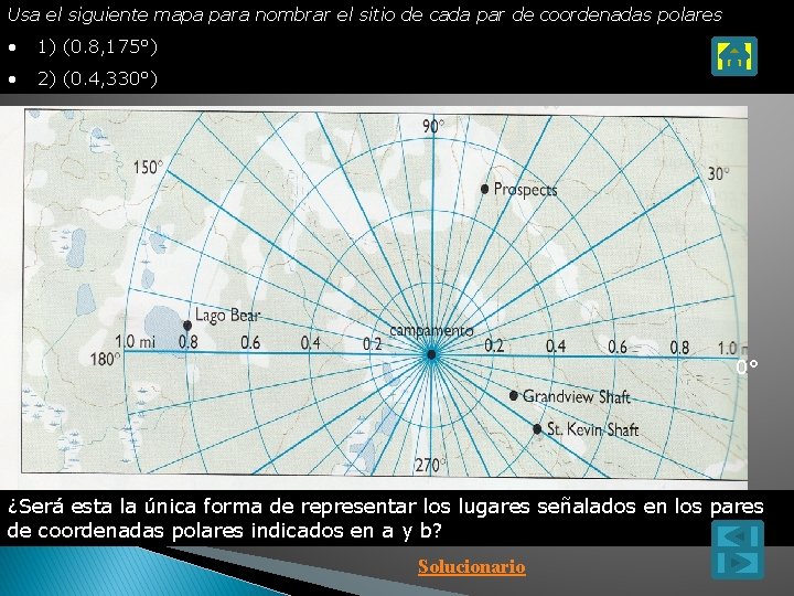 Usa el siguiente mapa para nombrar el sitio de cada par de coordenadas polares