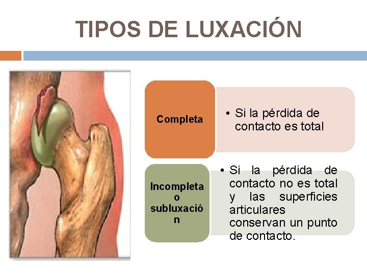 TIPOS DE LUXACIÓN Completa Incompleta o subluxació n • Si la pérdida de contacto