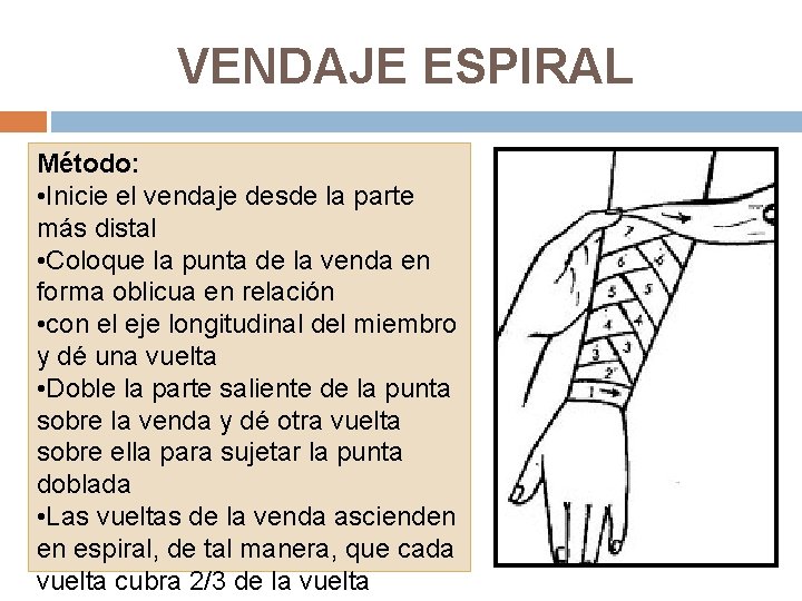 VENDAJE ESPIRAL Método: • Inicie el vendaje desde la parte más distal • Coloque