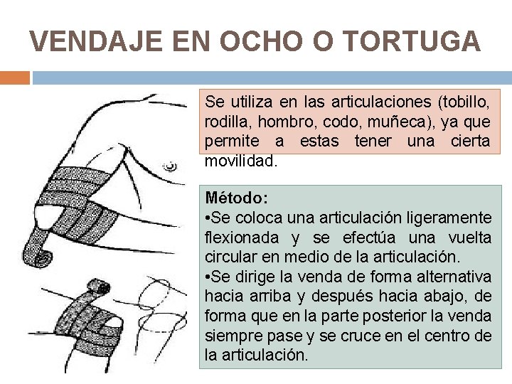 VENDAJE EN OCHO O TORTUGA Se utiliza en las articulaciones (tobillo, rodilla, hombro, codo,