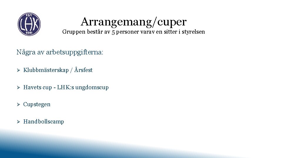 Arrangemang/cuper Gruppen består av 5 personer varav en sitter i styrelsen Några av arbetsuppgifterna: