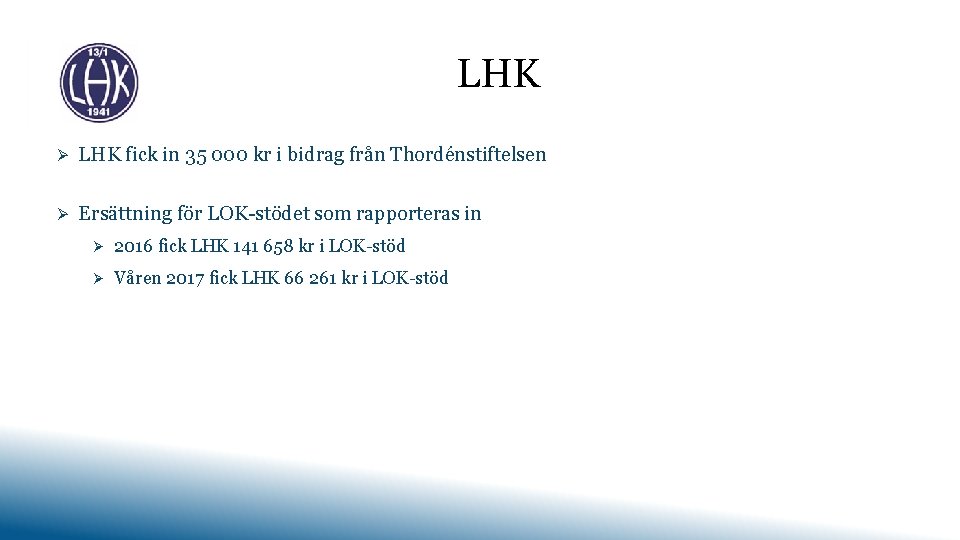 LHK Ø LHK fick in 35 000 kr i bidrag från Thordénstiftelsen Ø Ersättning