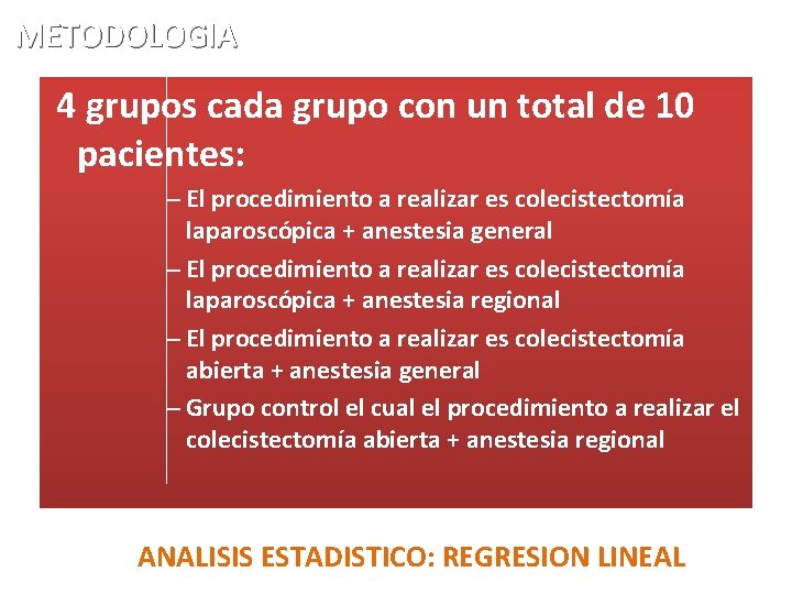 METODOLOGIA 4 grupos cada grupo con un total de 10 pacientes: – El procedimiento