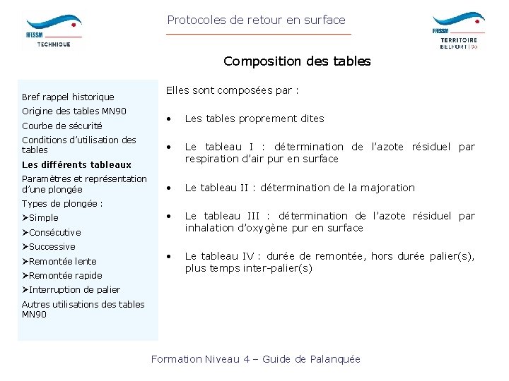 Protocoles de retour en surface Composition des tables Bref rappel historique Origine des tables