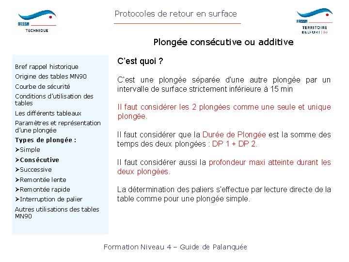 Protocoles de retour en surface Plongée consécutive ou additive Bref rappel historique Origine des