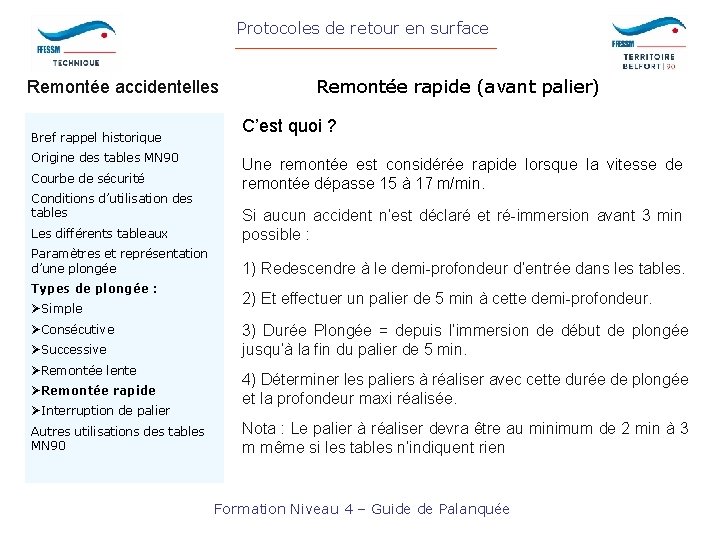 Protocoles de retour en surface Remontée accidentelles Bref rappel historique Origine des tables MN