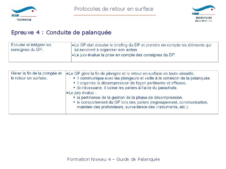 Protocoles de retour en surface Epreuve 4 : Conduite de palanquée Formation Niveau 4