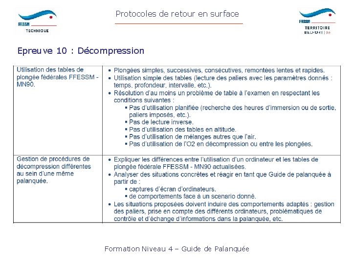 Protocoles de retour en surface Epreuve 10 : Décompression Formation Niveau 4 – Guide