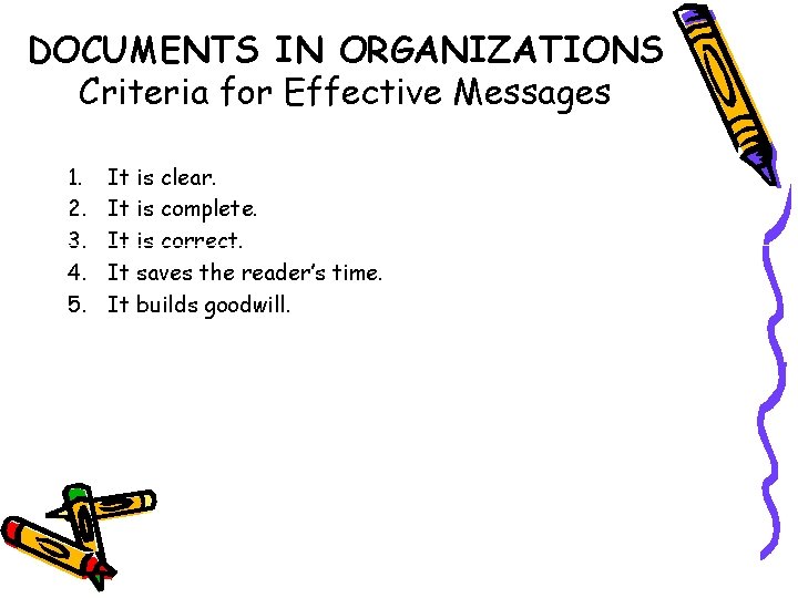 DOCUMENTS IN ORGANIZATIONS Criteria for Effective Messages 1. 2. 3. 4. 5. It is