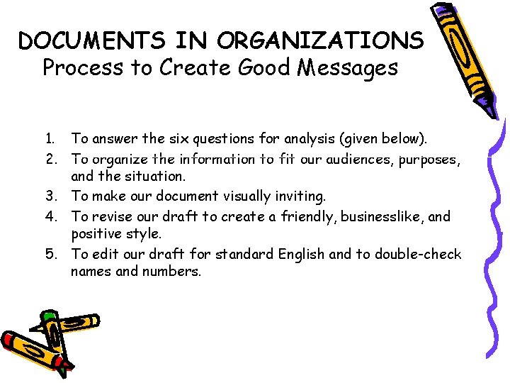 DOCUMENTS IN ORGANIZATIONS Process to Create Good Messages 1. To answer the six questions