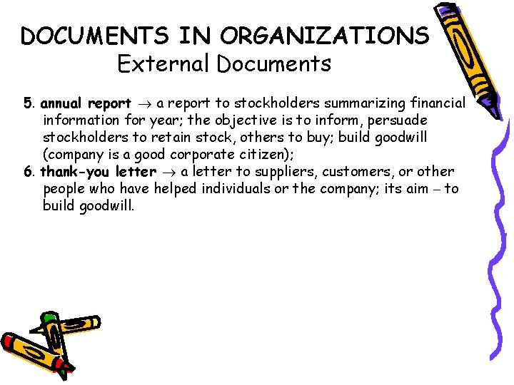DOCUMENTS IN ORGANIZATIONS External Documents 5. annual report a report to stockholders summarizing financial